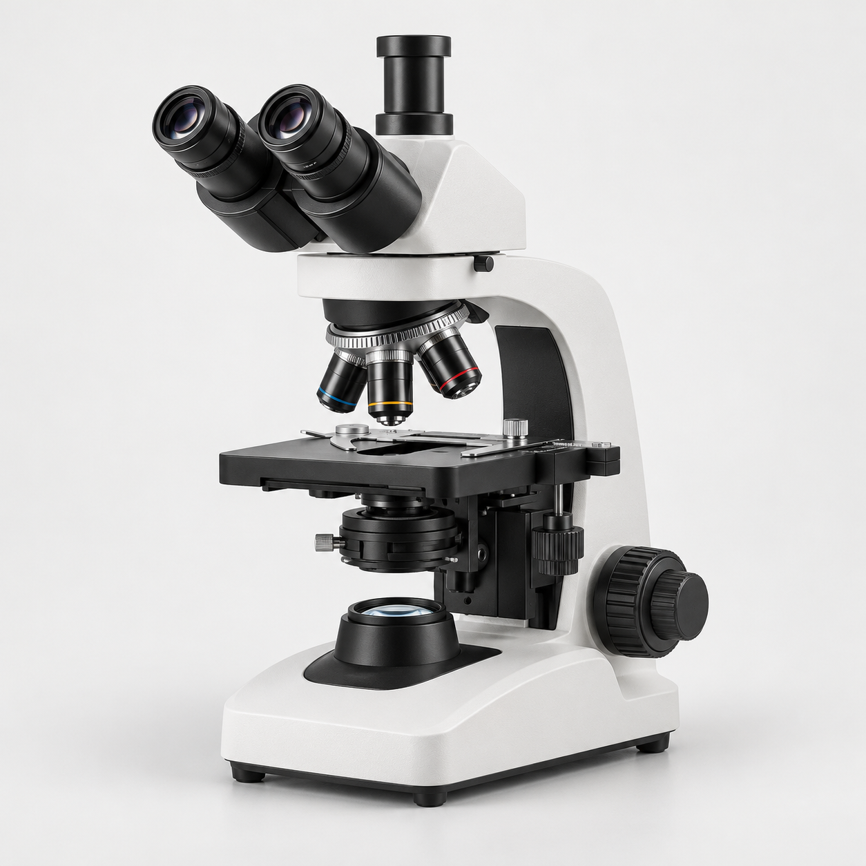 Upright laboratory microscope with binocular eyepieces, camera port, mechanical stage and LED base