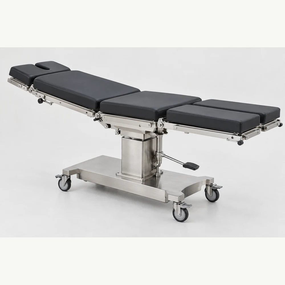 Manual hydraulic operating table with segmented padded tabletop