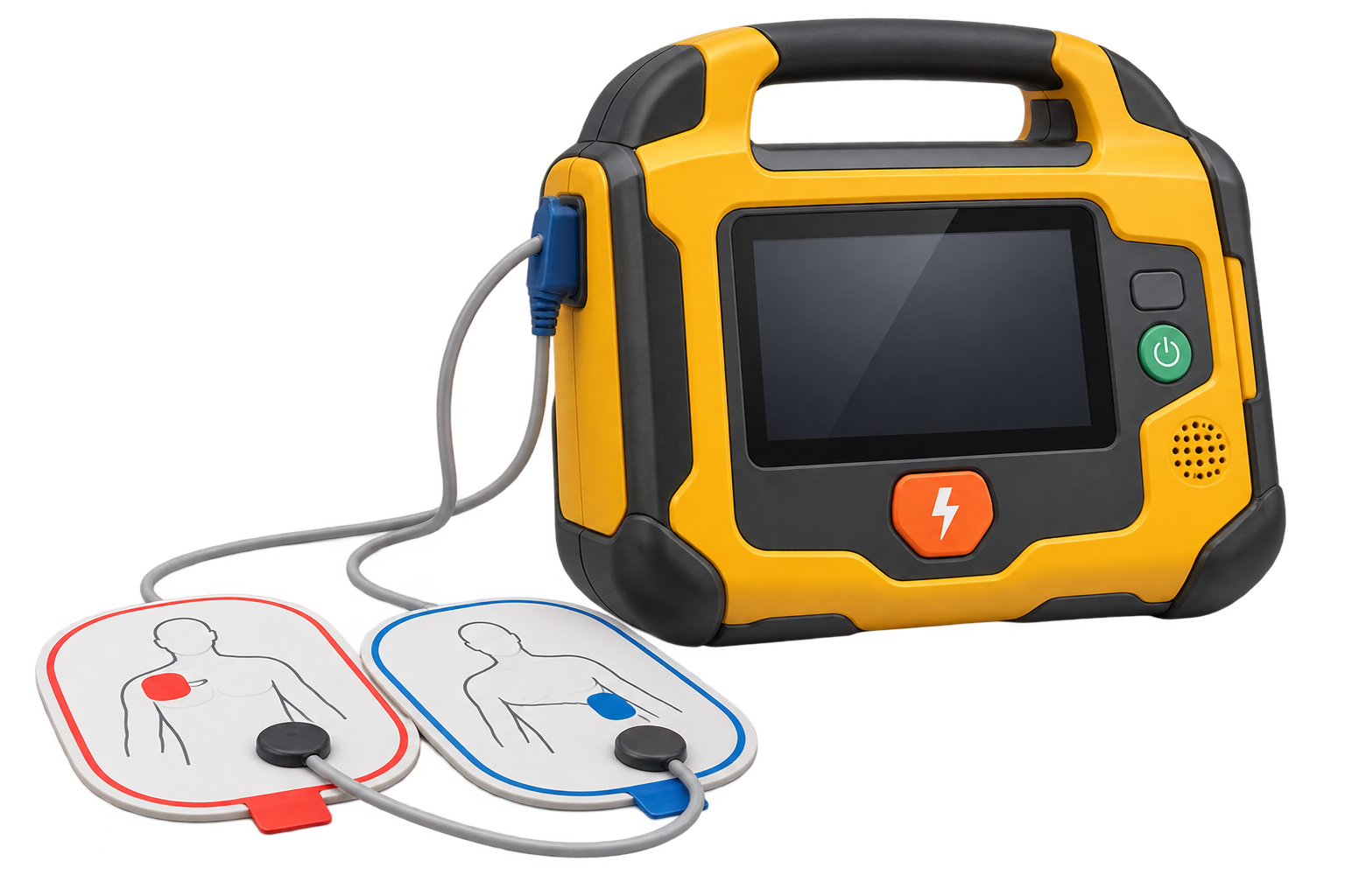 Automated external defibrillator with colour display, therapy controls and electrode pads