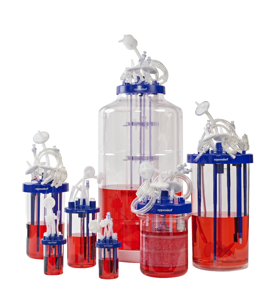 Eppendorf BioBLU c family single-use bioreactor vessels, including the 3c size; official manufacturer family image, shown for reference