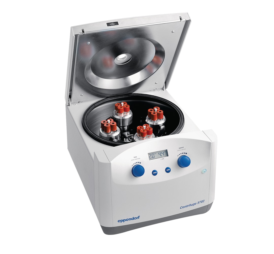 Eppendorf Centrifuge 5702 with rotor and illustrative tubes, original manufacturer image; actual package to confirm