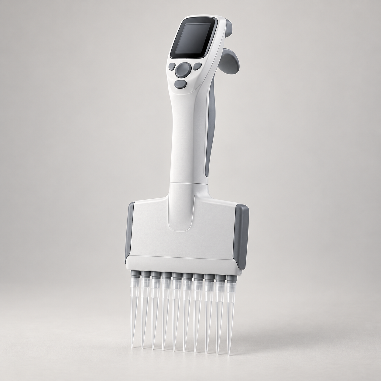 Electronic repeating pipette with a control display and attached dispensing tips
