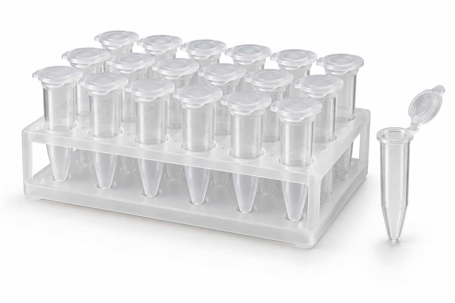 Clear 1.5 mL laboratory tubes with hinged caps arranged beside a small tube rack