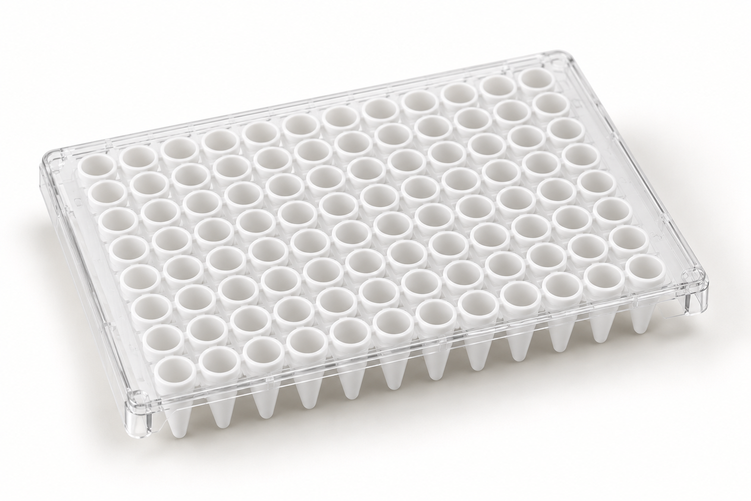 Low-profile 96-well PCR plate viewed from above on a clean background