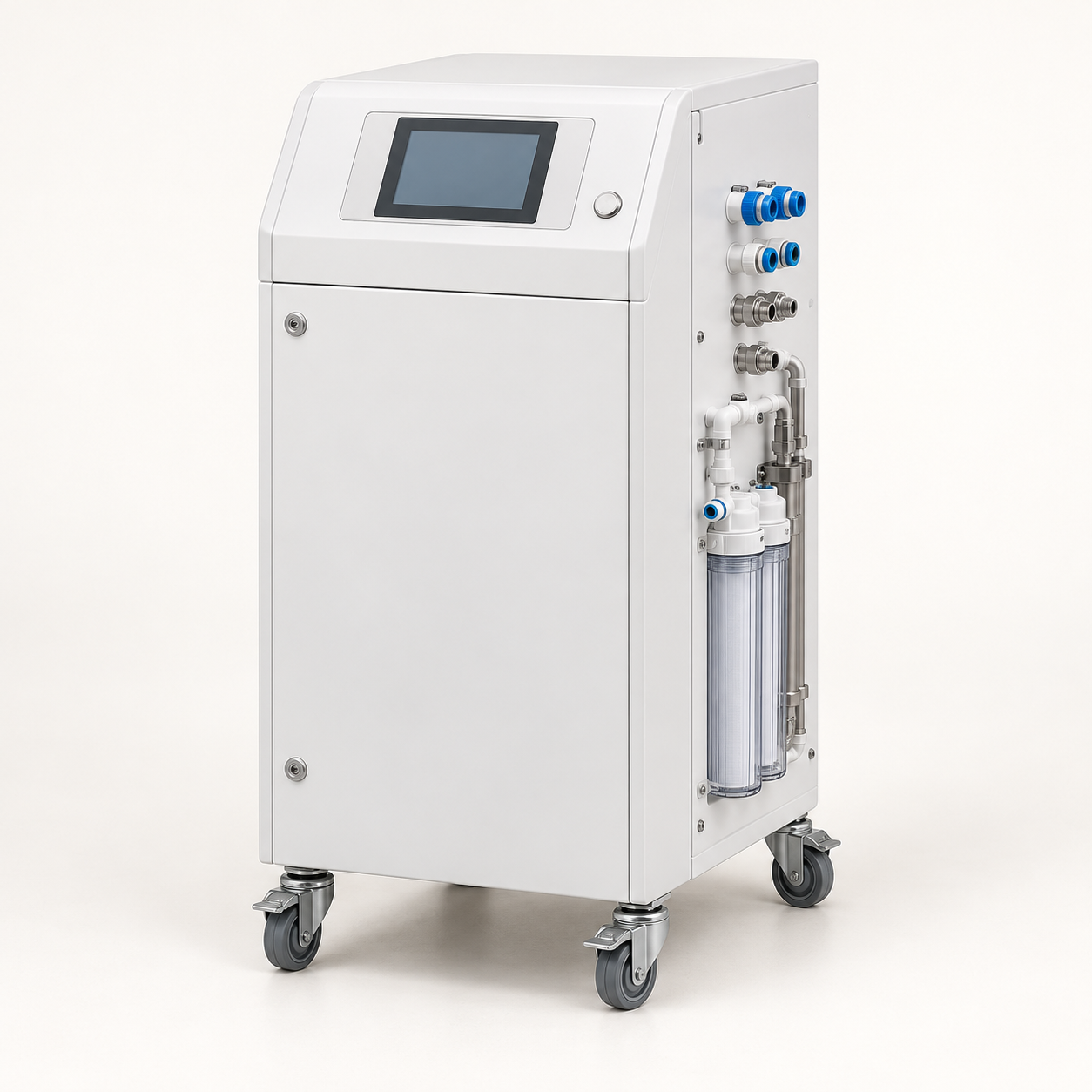 Compact dialysis-water reverse-osmosis unit with a wheeled cabinet and water connections