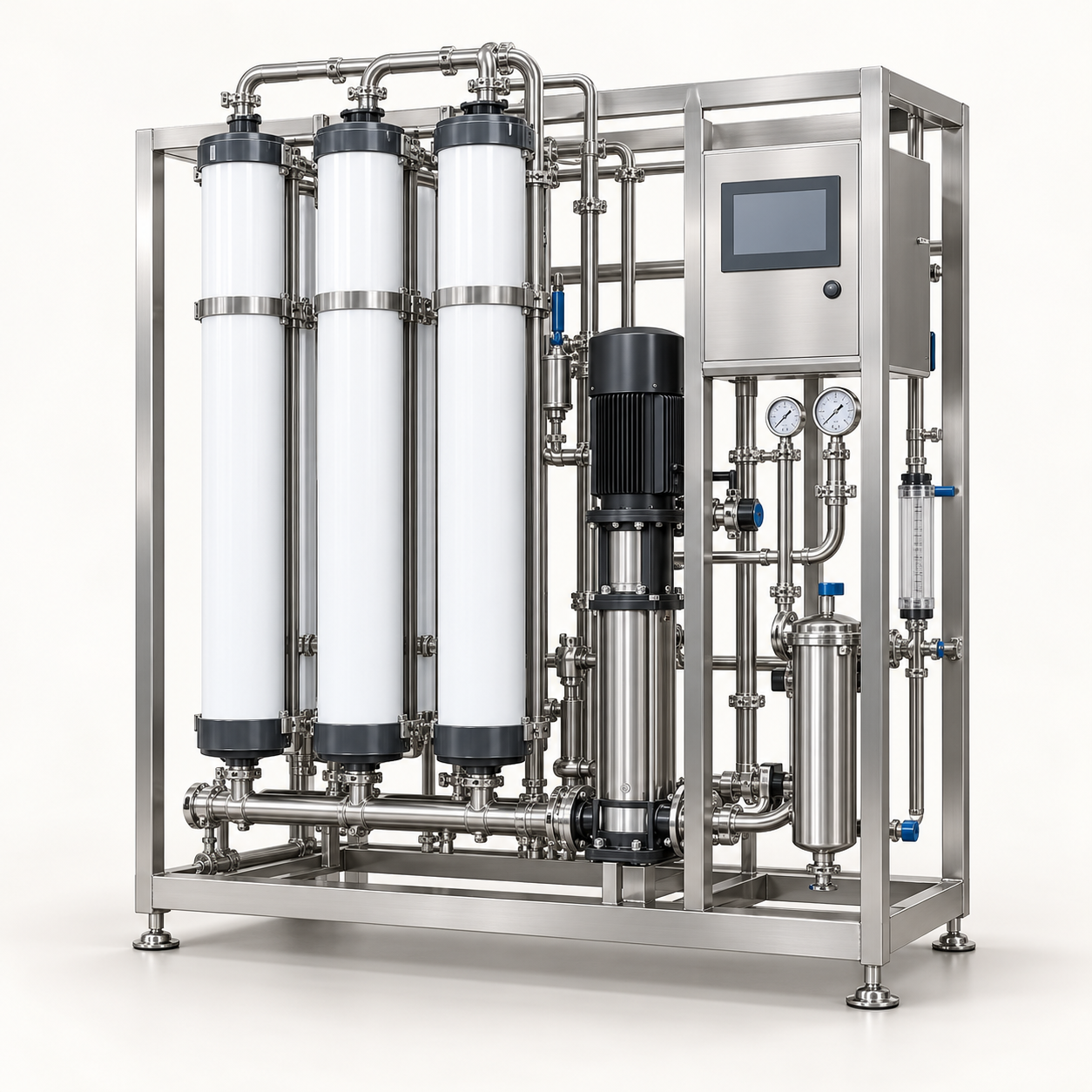 Dialysis reverse-osmosis system on a frame with membrane vessels, pipework and control panel