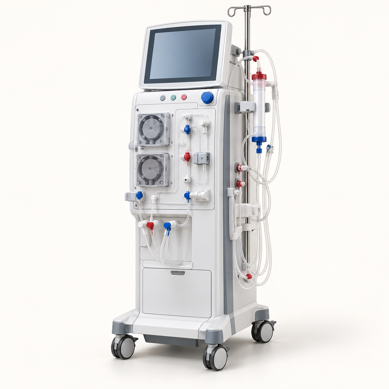 Haemodialysis machine on casters with a touchscreen and routed clinical tubing