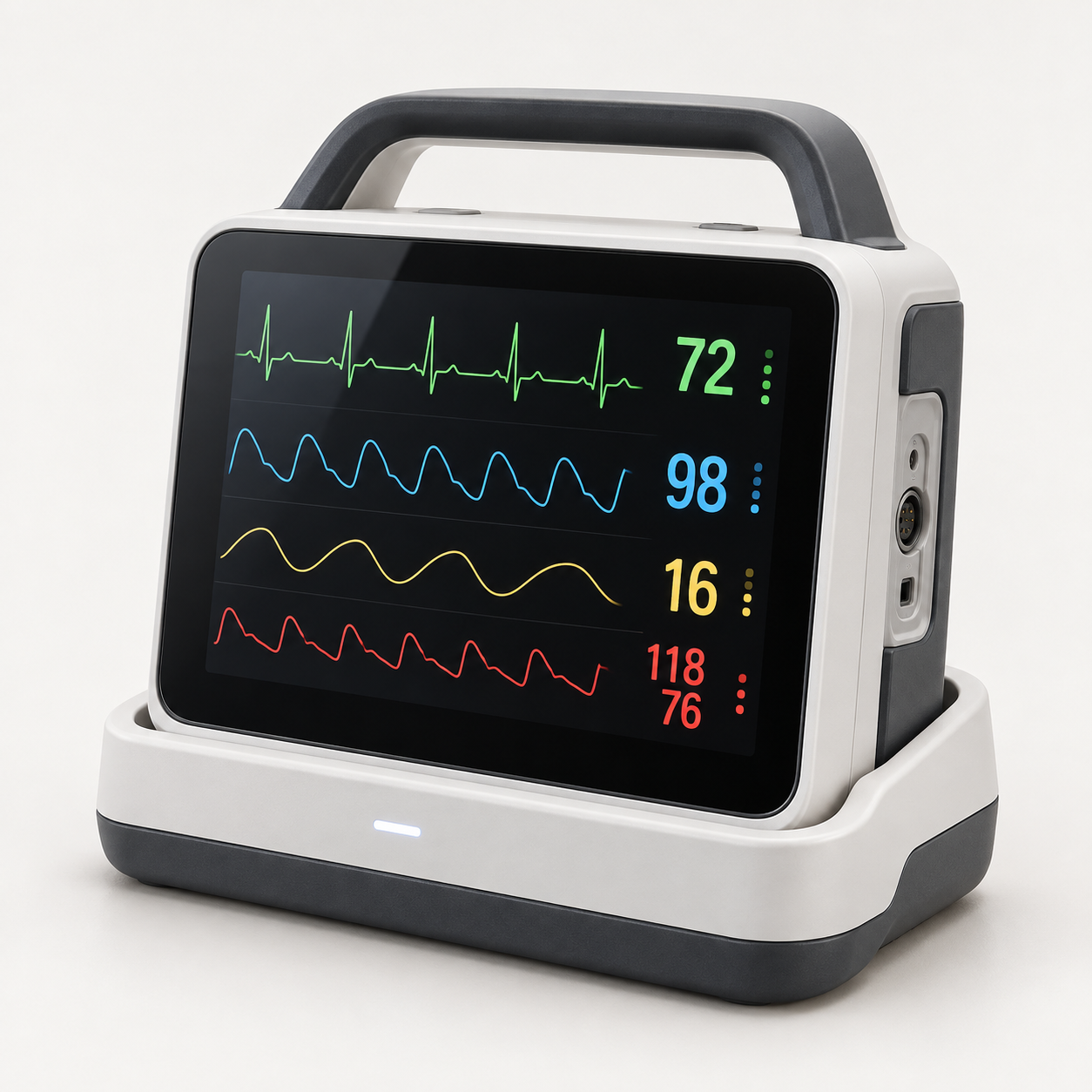Compact portable patient monitor with an integrated handle and charging dock
