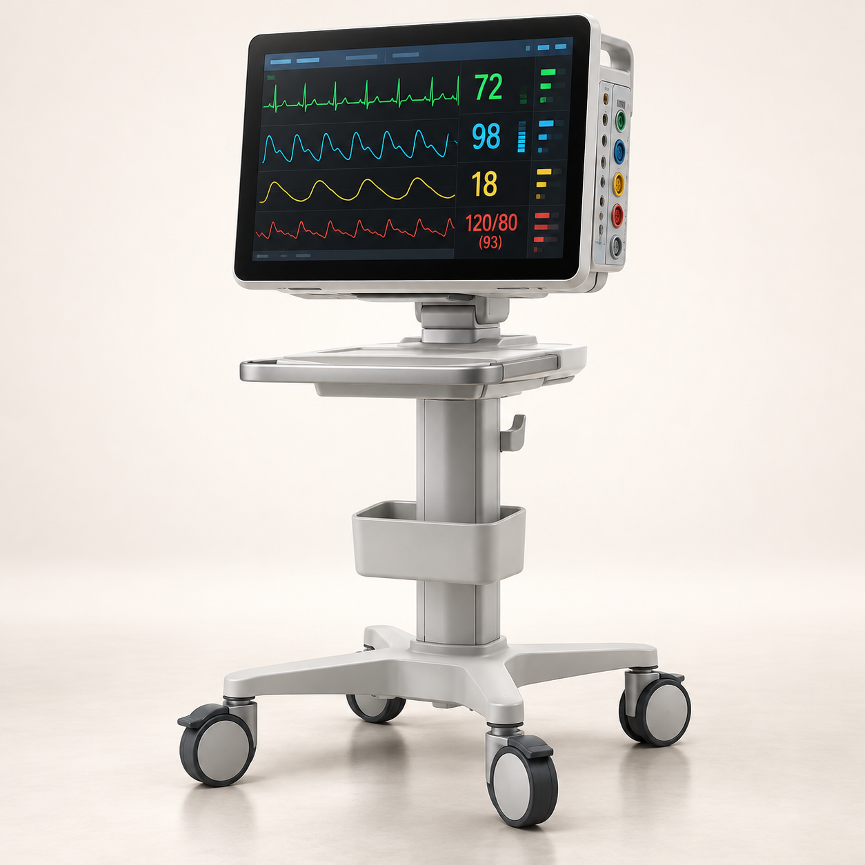 Portable bedside patient monitor with a wide touchscreen and rolling stand