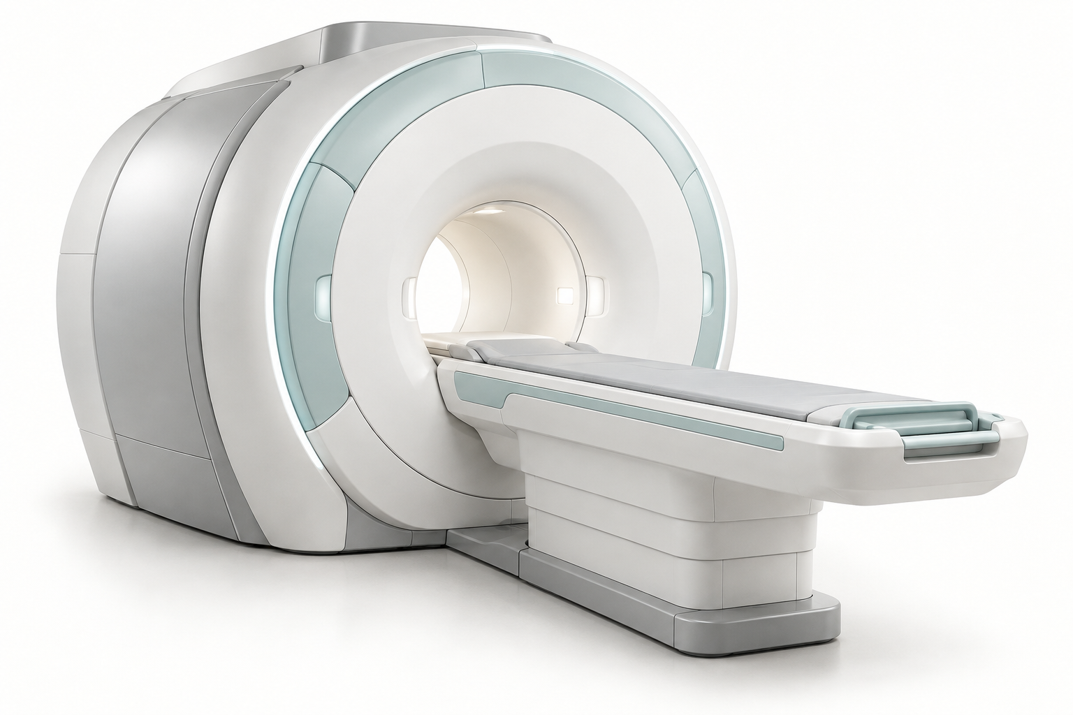 White 1.5T MRI scanner with a patient table on a clean studio background